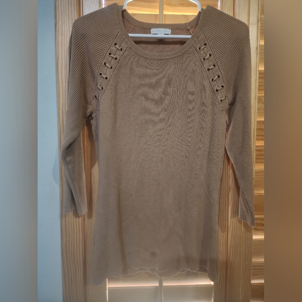 Tan Ribbed Sweater with Lace-Up Detail